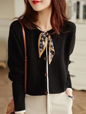 Black 100% Sheep Wool Button-Front Cardigan Scarf Neckline M Quiet Luxury